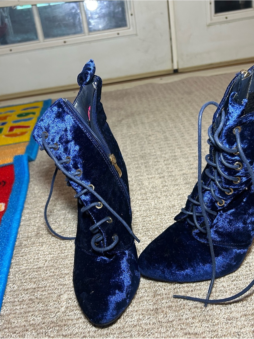 Women's Navy Blue Velvet Lace-Up Ankle Boots